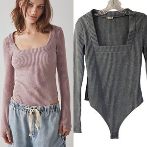 Free People Ribbed Bodysuit in Pink and Gray
